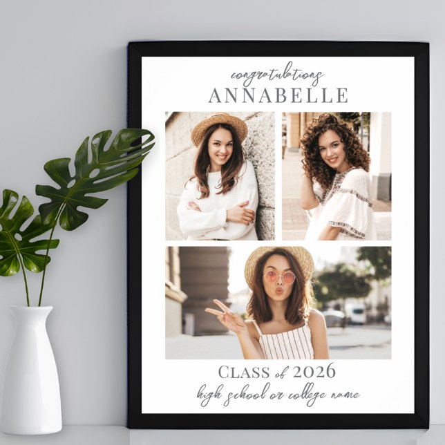 Póster Elegante Rótulo de la fiesta simple de graduación  (Photo Collage Graduation Party Sign)