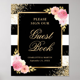 Póster Elegante Rótulo de libros de Boda de flores rosada