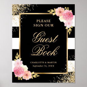 Póster Elegante Rótulo de libros de Boda de flores rosada