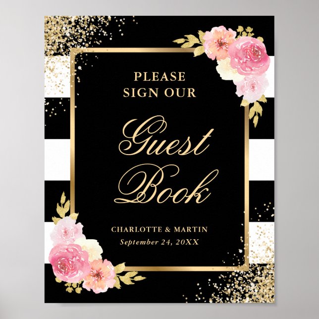 Póster Elegante Rótulo de libros de Boda de flores rosada (Frente)