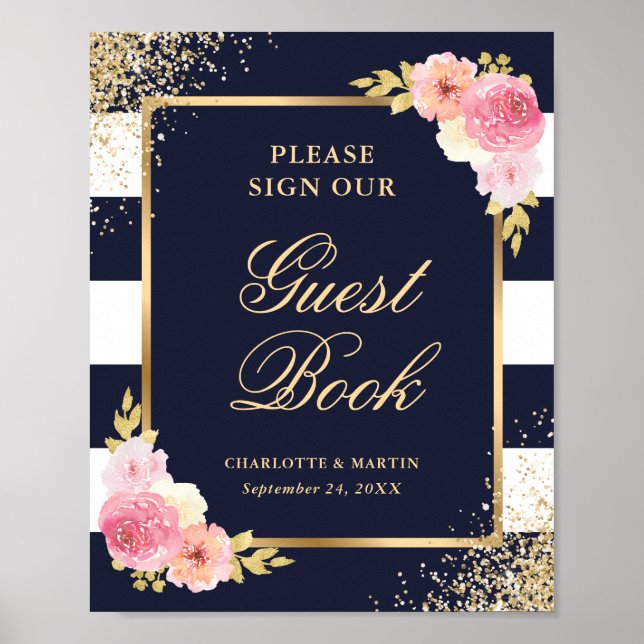 Póster Elegante Rótulo de libros para Bodas florales rosa (Frente)