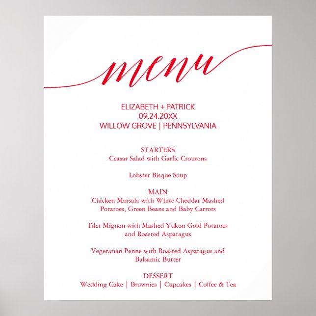 Póster Elegante Rótulo de menú Boda de caligrafía roja (Frente)