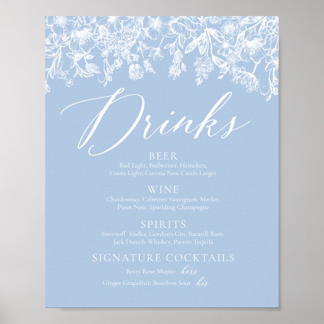 Póster Elegante Rótulo de menú Dusty Blue Wildflower Bebe (Frente)