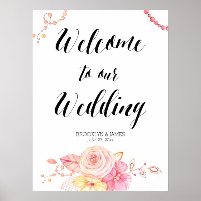 Póster Elegante Rótulo de recepción de boda floral 18x24 (Frente)