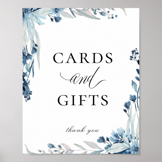 Póster Elegante Rótulo de Regalos Dusty Blue Floral Cards (Frente)