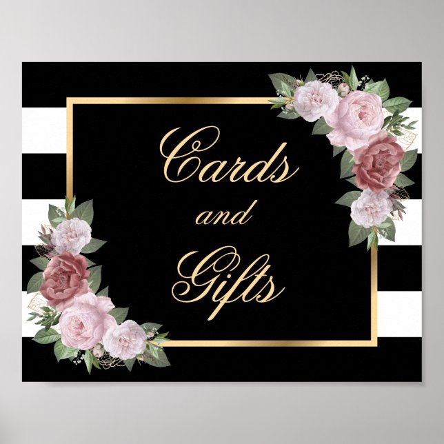 Póster Elegante Rótulo de tarjetas de boda floral negro y (Frente)