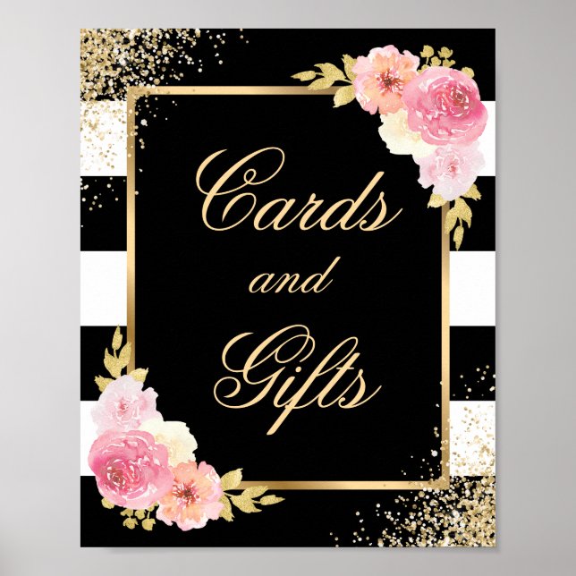 Póster Elegante Rótulo de tarjetas de boda floral negro y (Frente)