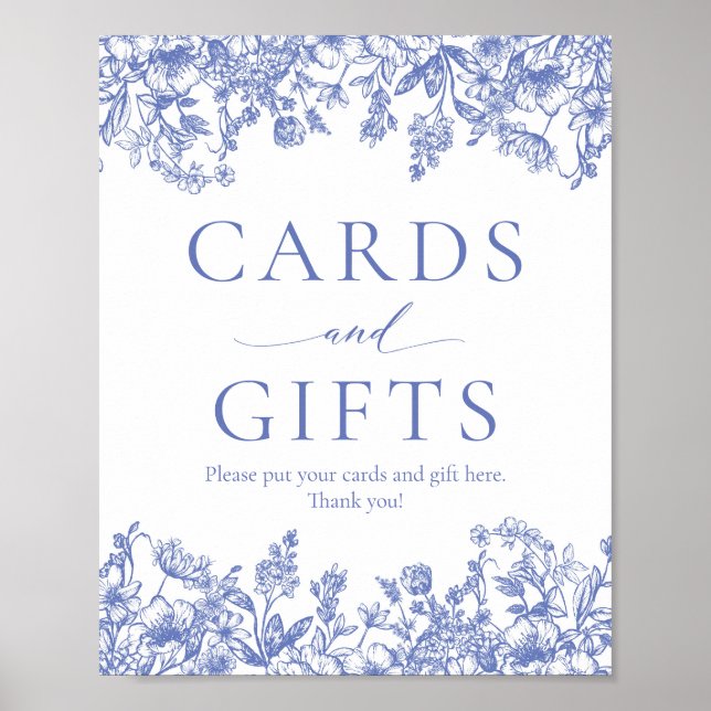 Póster Elegante Rótulo de tarjetas florales azules y rega (Frente)