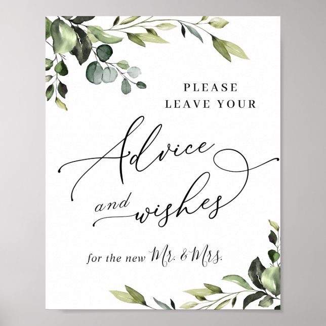 Póster Elegante Rótulo Eucalyptus Consejos y Deseos Boda (Frente)