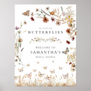 Póster Elegante Rótulo Floral Butterflies Bridal Shower