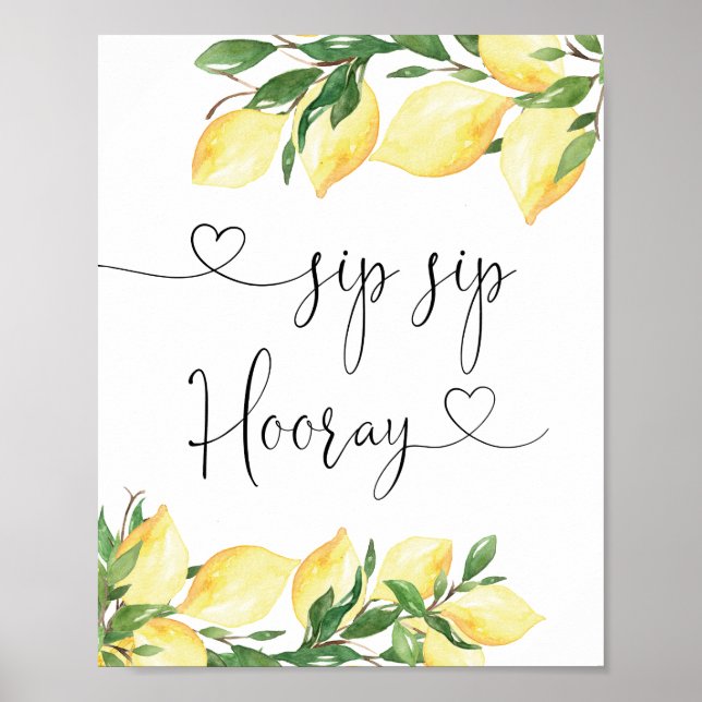 Póster Elegante Rótulo Lemon Bridal Shower Sip Sip Hooray (Frente)