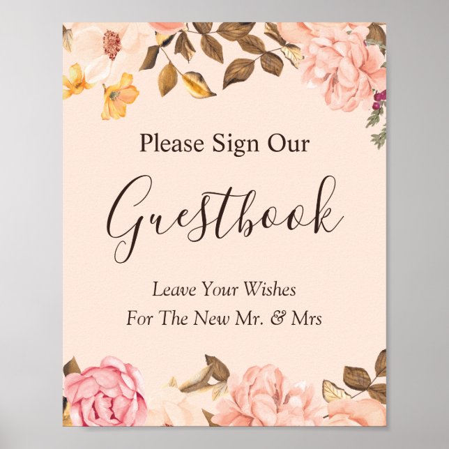 Póster Elegante Rótulo Rubor Gold Floral Boda Guestbook (Frente)