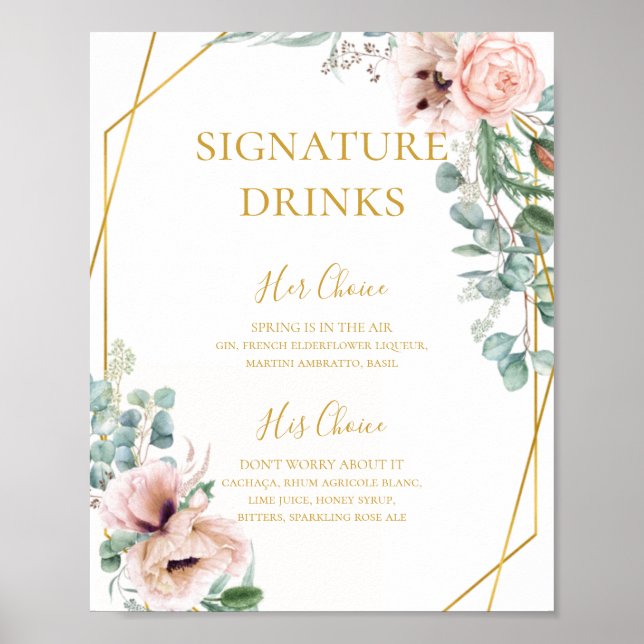 Póster Elegante Rubor Floral | Rótulo de bebidas con firm (Frente)