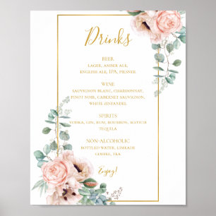 Póster Elegante Rubor Floral   Signo del menú de bebidas