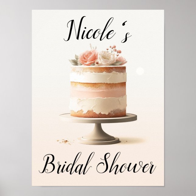Póster Elegante Rubor Peach Floral Cake Bridal Shower (Frente)