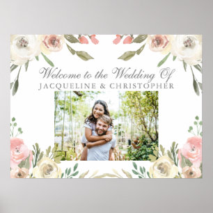 Póster Elegante Rubor Pink Floral Photo Garden Wedding