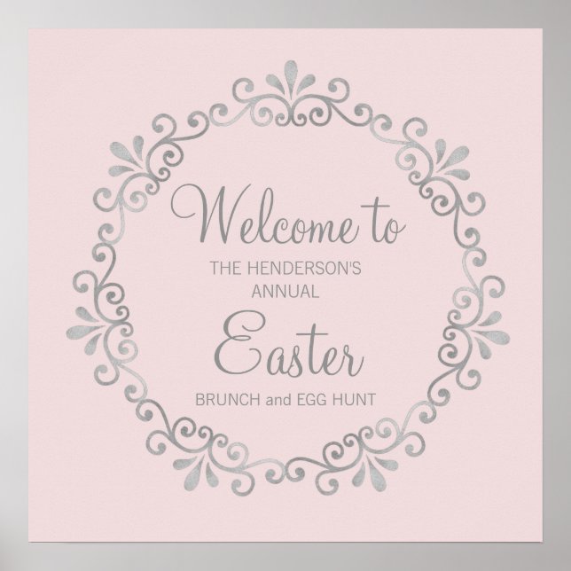 Póster Elegante Rubor Pink Silver Easter Brunch Egg Hunt (Frente)