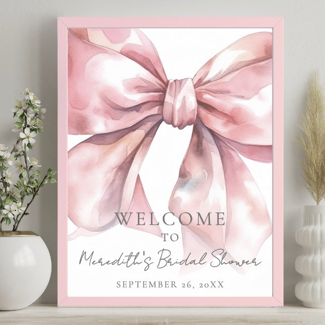 Póster Elegante Rubor Rosa Bow Bridal Shower signo de bie (Elegant Blush Pink Bow Bridal Shower Welcome Sign)