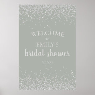 Póster Elegante Sage Green Silver Confetti Bridal Shower