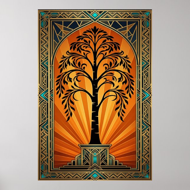 Póster Elegante Sauce Willow Tree Atardecer Oro Art Déco (Frente)