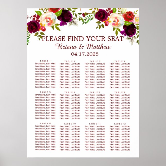 Póster Elegante Script acuarela Borgoña Floral (Frente)