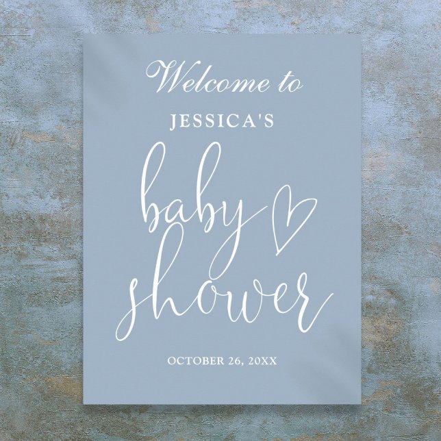 Póster Elegante Script Dusty Blue Baby Shower Signo de bi (Elegant Script Dusty Blue Baby Shower Welcome Sign)