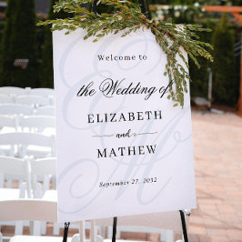 Póster Elegante Script Dusty Blue Monograma Boda Bienveni