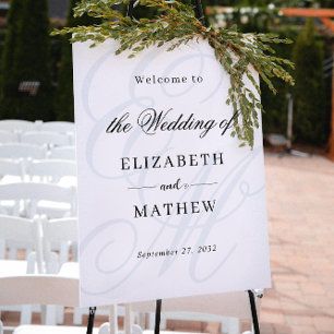 Póster Elegante Script Dusty Blue Monograma Boda Bienveni