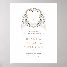 Póster Elegante seña de bienvenida de Escudo floral marfi