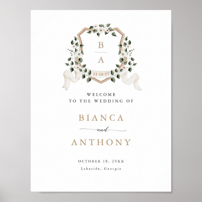 Póster Elegante seña de bienvenida de Escudo floral marfi (Frente)