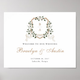 Póster Elegante seña de bienvenida de Escudo floral marfi