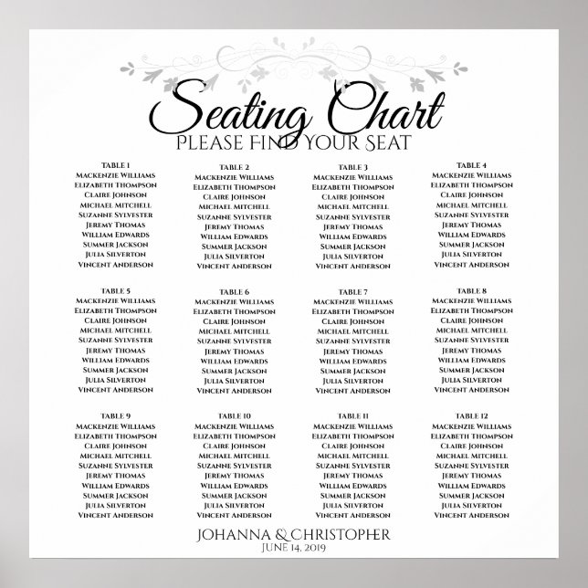 Póster Elegante Sencilla Tabla De Asientos De 12 Bodas De (Frente)
