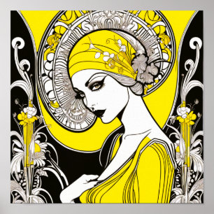 Póster Elegante Señora Amarilla y Art Nouveau Negro