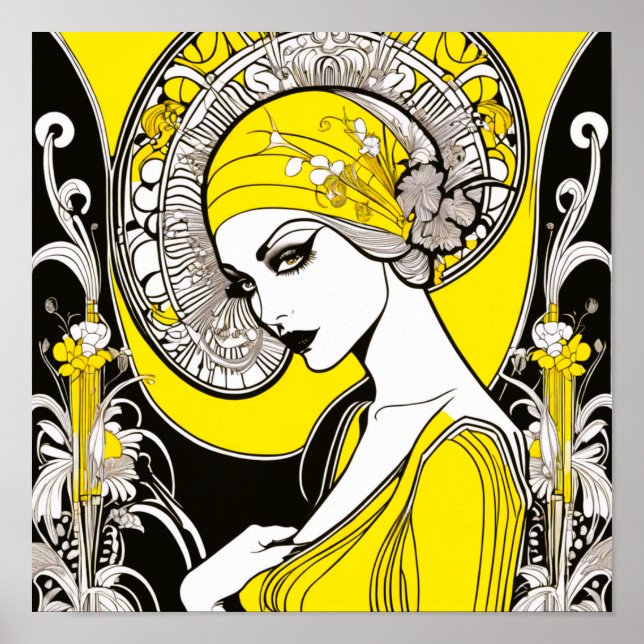Póster Elegante Señora Amarilla y Art Nouveau Negro (Frente)