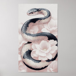 Póster Elegante serpiente enrollado en medio de flores bl