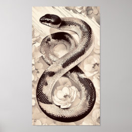 Póster Elegante serpiente enrollado en medio de flores bl