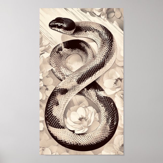 Póster Elegante serpiente enrollado en medio de flores bl (Frente)