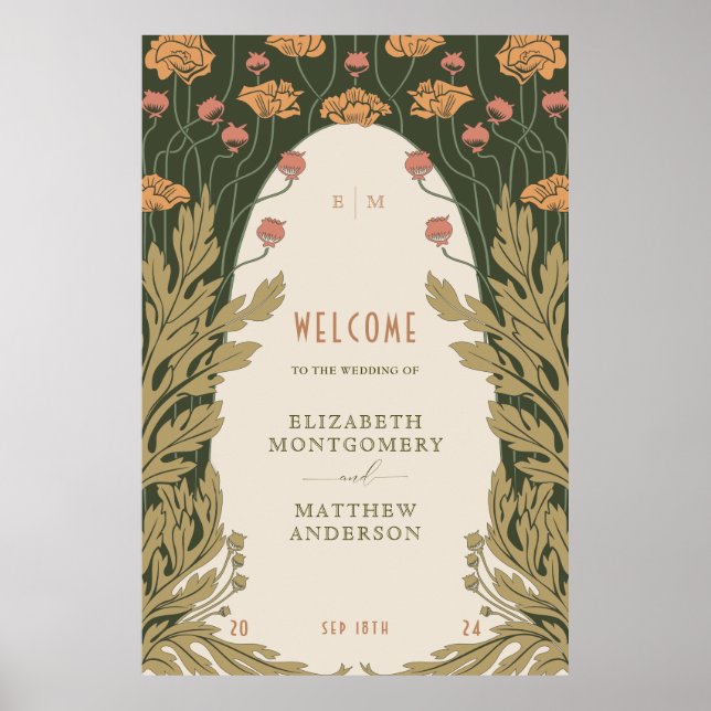 Póster Elegante signo de bienvenida Boda Art Nouveau (Frente)