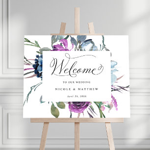 Póster Elegante signo de bienvenida Boda azul y púrpura
