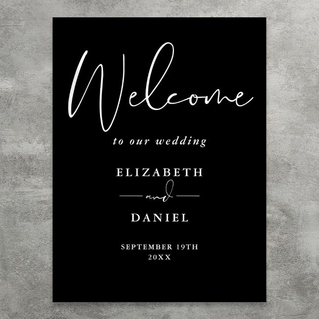 Póster Elegante Signo De Bienvenida Boda Blanco Y Negro (Elegant Black And White Wedding Welcome Sign)
