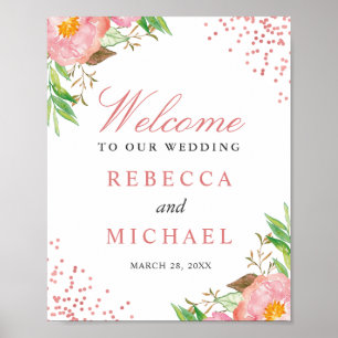 Póster Elegante signo de bienvenida Boda de confeti flora