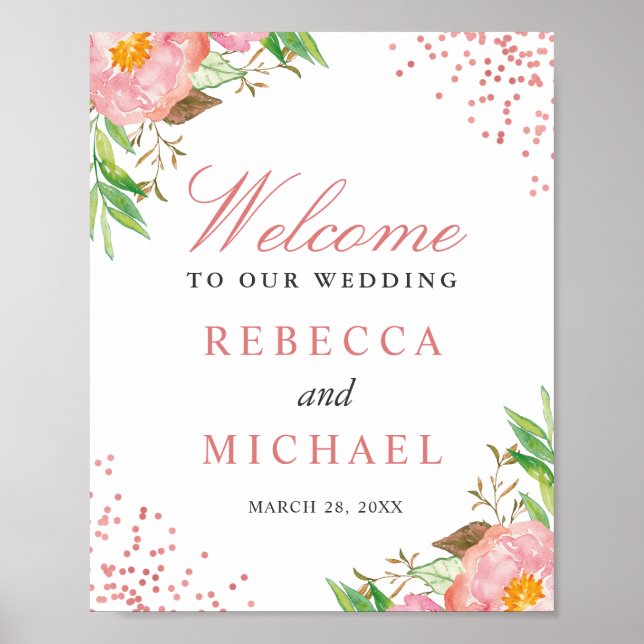 Póster Elegante signo de bienvenida Boda de confeti flora (Frente)