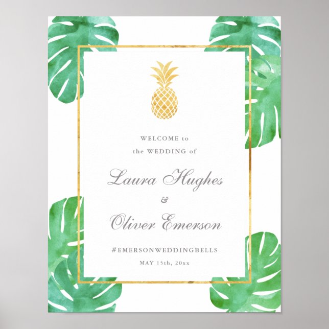 Póster Elegante signo de bienvenida Boda de piña tropical (Frente)