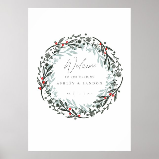 Póster Elegante signo de bienvenida boda de vegetación (Frente)
