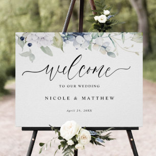 Póster Elegante signo de bienvenida Boda floral blanco y 