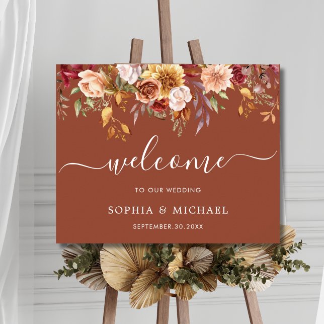 Póster Elegante signo de bienvenida Boda Floral Terracott (Subido por el creador)