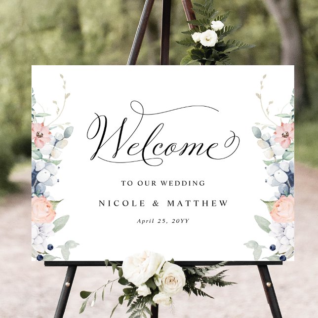 Póster Elegante signo de bienvenida de boda azul coral fl (Subido por el creador)