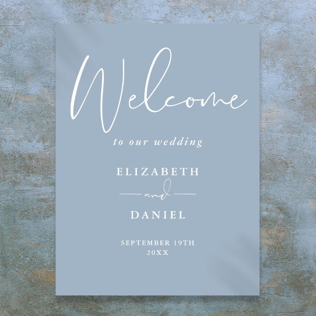 Póster Elegante signo de bienvenida de Boda azul turbio y (Elegant Modern Dusty Blue Wedding Welcome Sign)