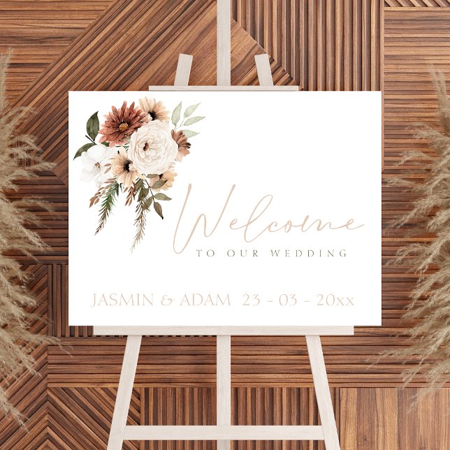 Póster Elegante signo de bienvenida de Boda de Floral Ver (Elegant Peach Green Floral Wedding Welcome Sign)