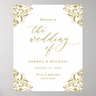Póster Elegante signo de bienvenida de Boda de oro vintag